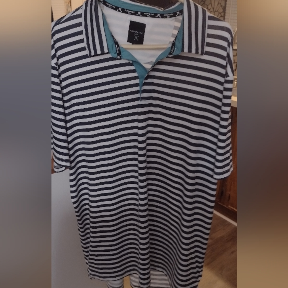Kenneth Cole Golf mens XL blue and white striped polo shirt.